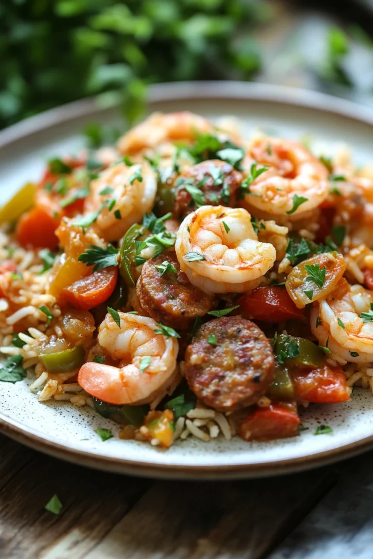 Close-up of sheet pan shrimp and sausage jambalaya with vibrant colors and textures.