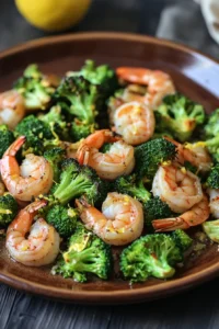 Close-up of sheet pan shrimp and broccoli with bright natural lighting
