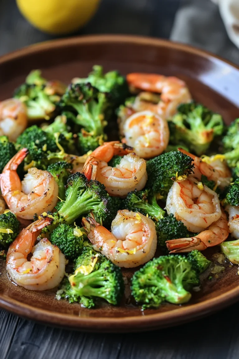 Close-up of sheet pan shrimp and broccoli with bright natural lighting