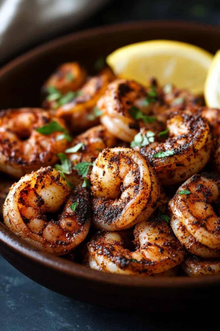 Close-up of skillet blackened shrimp with bright natural lighting