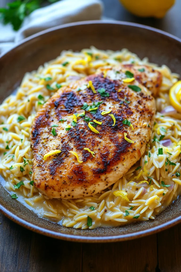 Close-up of skillet lemon chicken orzo with bright, natural lighting and minimal background.