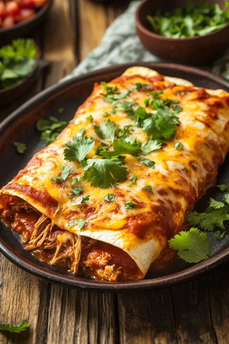 Close-up of slow cooker beef enchiladas with melted cheese and garnished with herbs.
