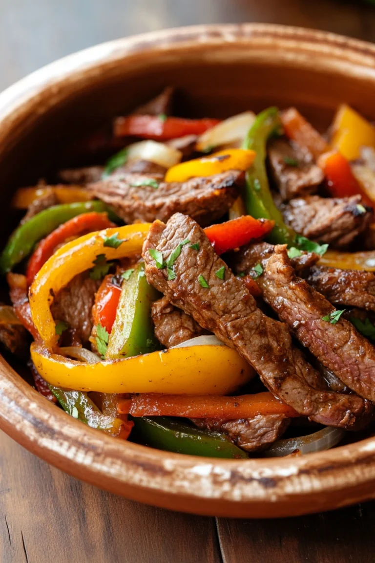 Close-up of slow cooker beef fajitas with vibrant vegetables and tender beef strips