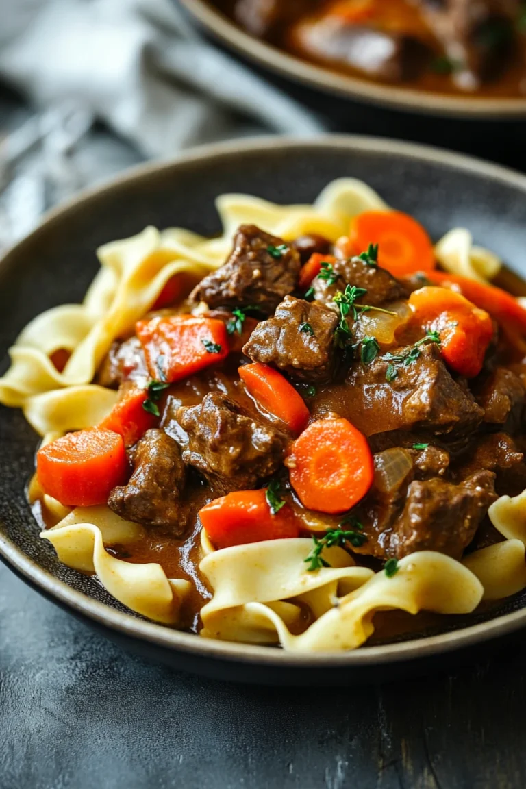 Close-up of slow cooker beef noodle curry with rich sauce and tender beef pieces.