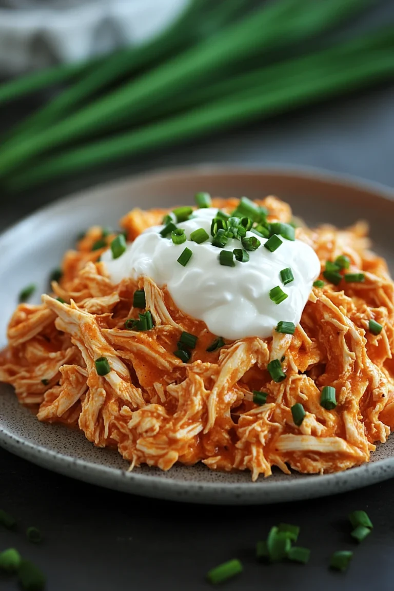 Close-up of slow cooker buffalo chicken with greek yogurt, garnished with herbs.