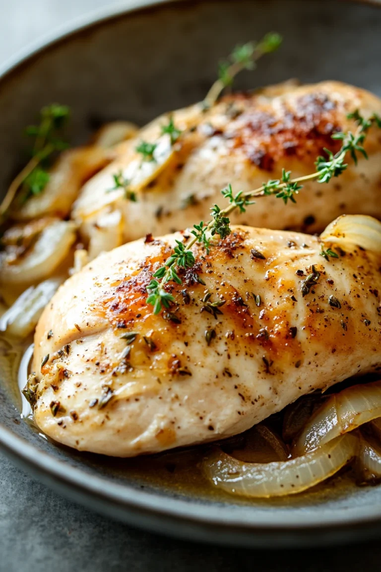 Close-up of a creamy slow cooker chicken dish with herbs in bright natural lighting.