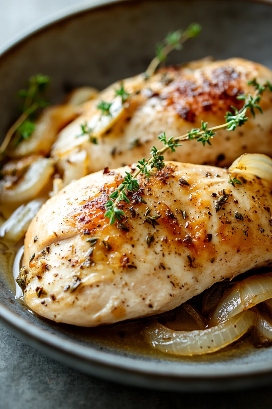 Close-up of a creamy slow cooker chicken dish with herbs in bright natural lighting.
