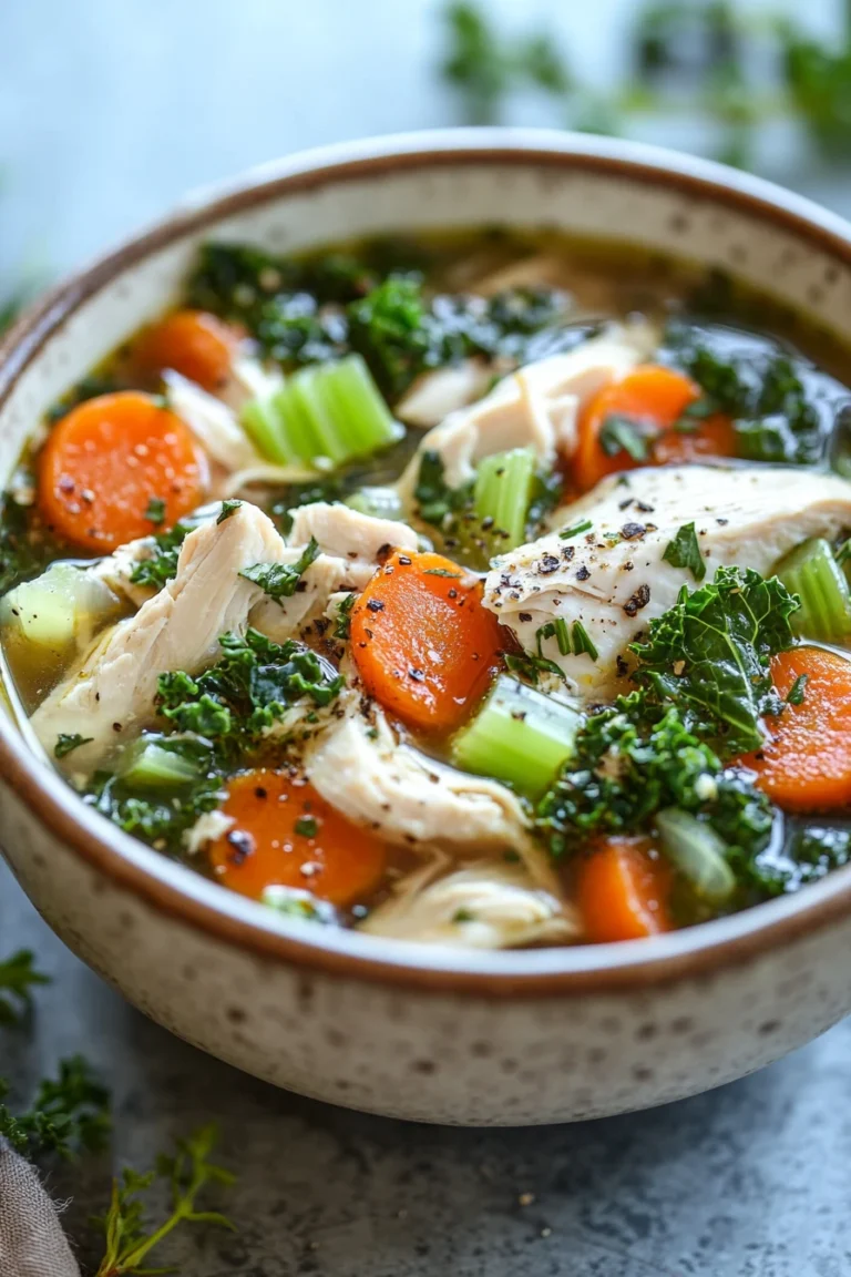 Close-up of slow cooker chicken kale soup with creamy broth and fresh kale leaves.