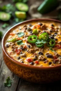 Close-up of a creamy slow cooker chili queso dip with melted cheese and spices