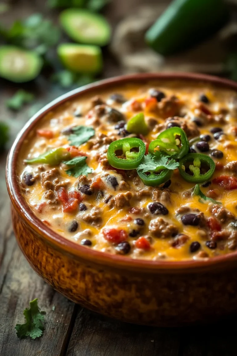 Close-up of a creamy slow cooker chili queso dip with melted cheese and spices