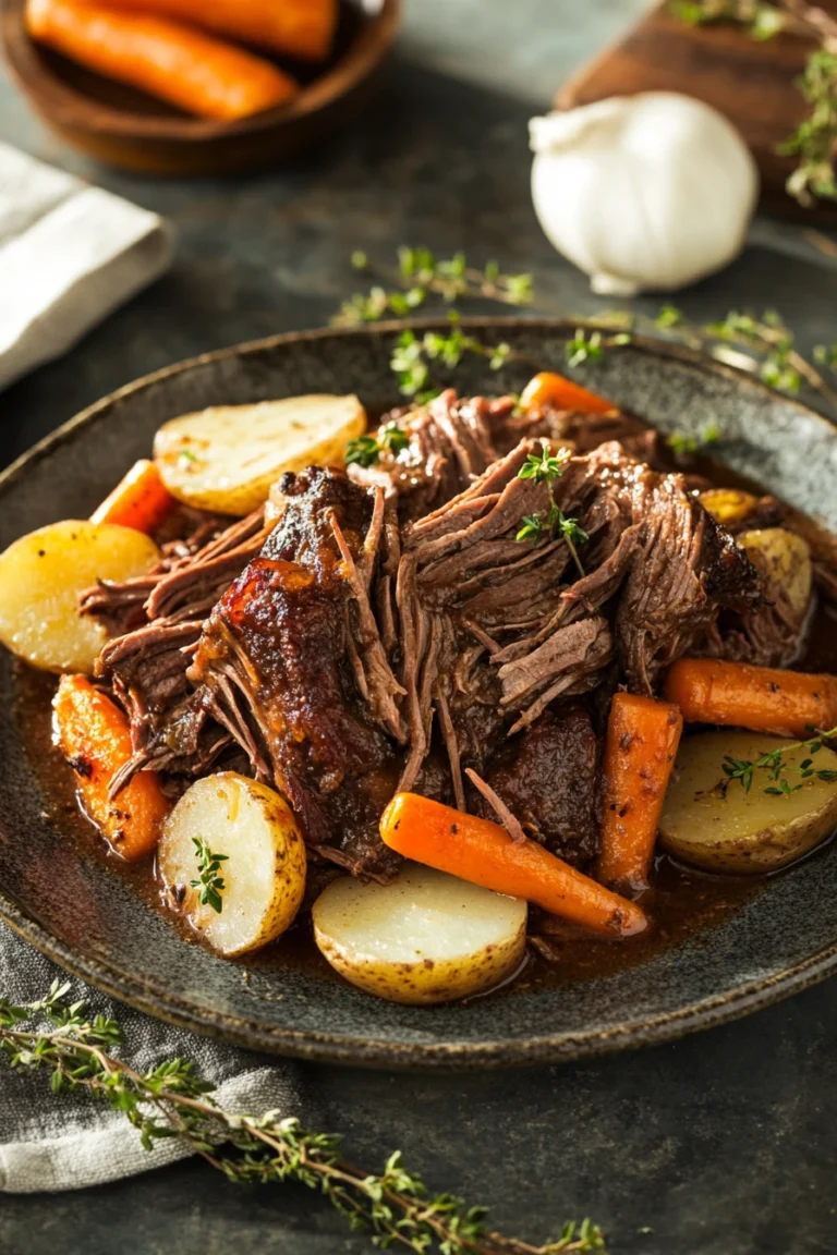 Close-up of a slow cooker pot roast with ranch packet, showcasing tender meat and vegetables.