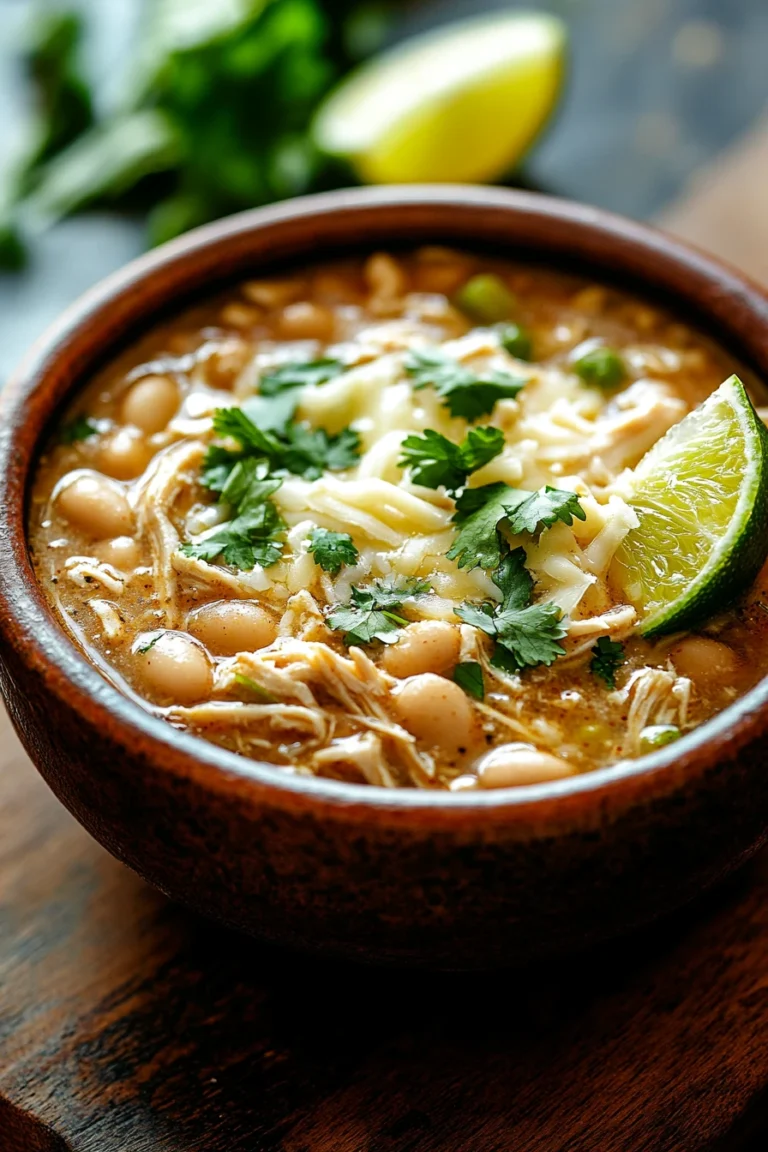 Close-up of slow cooker white chicken chili with creamy sauce and chicken pieces