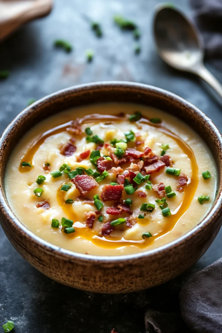 Close-up of slow cooker Yukon Gold potato soup with creamy texture and herbs.