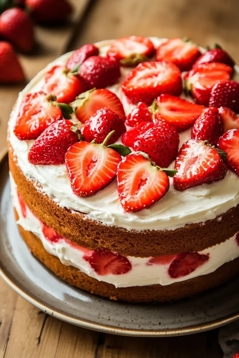 Close-up of a strawberry yogurt cream cake with fresh strawberries on top