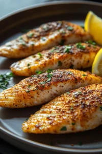 Close-up of tilapia cooked in air fryer with golden crispy texture