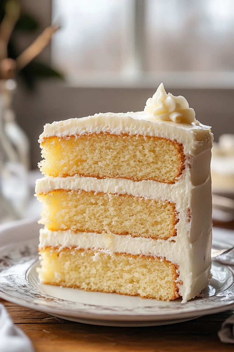 Close-up of vanilla cake layers with creamy frosting and a clean background.
