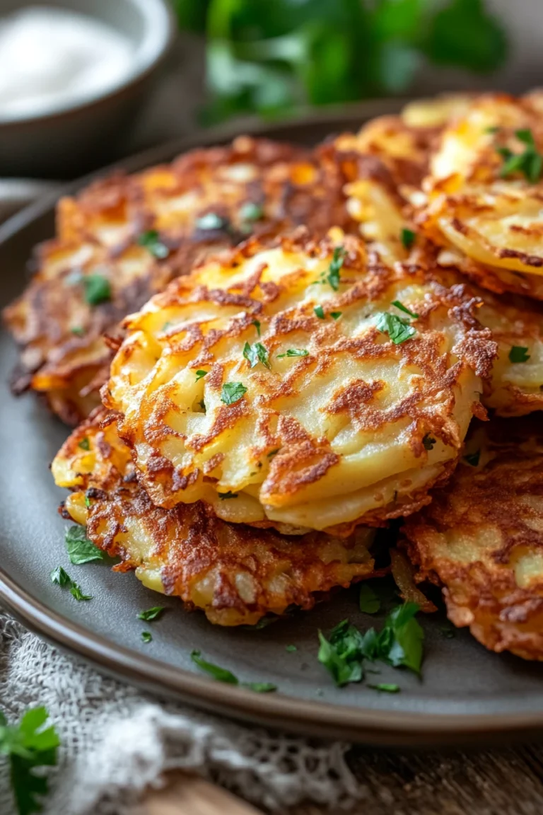 Crispy vegan potato latkes cooked in an air fryer, garnished with herbs on a white plate.