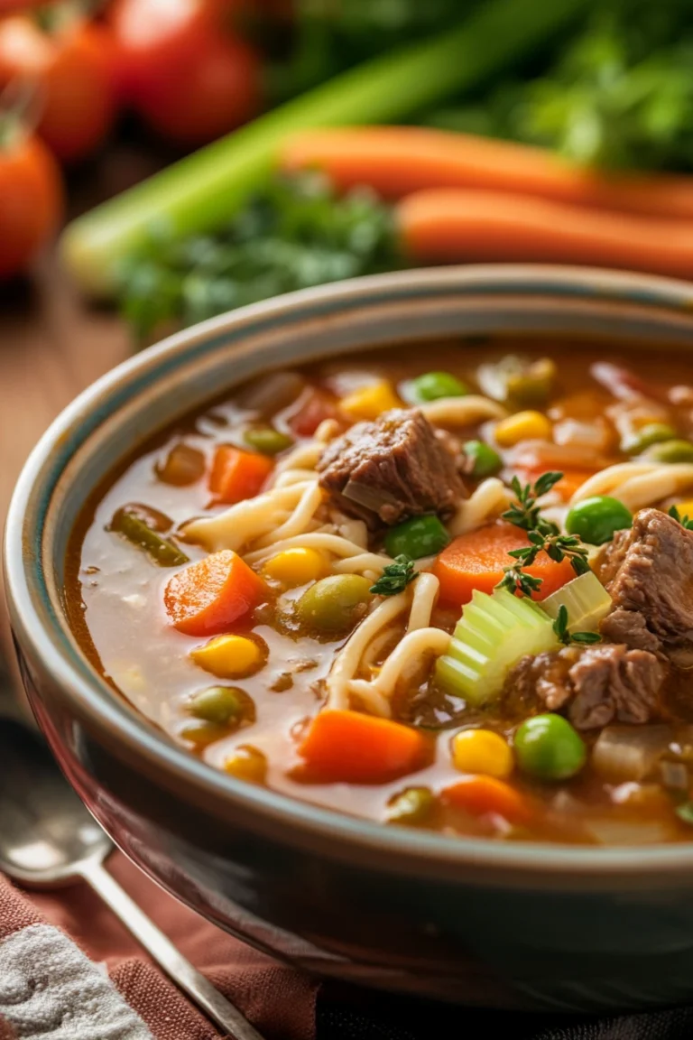 Close-up of vegetable beef soup with noodles in a crock pot, featuring vibrant vegetables and tender beef.