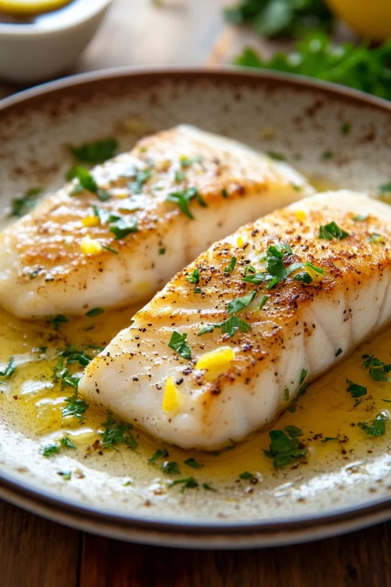 Close-up of a white fish dish with bright natural lighting and a clean background