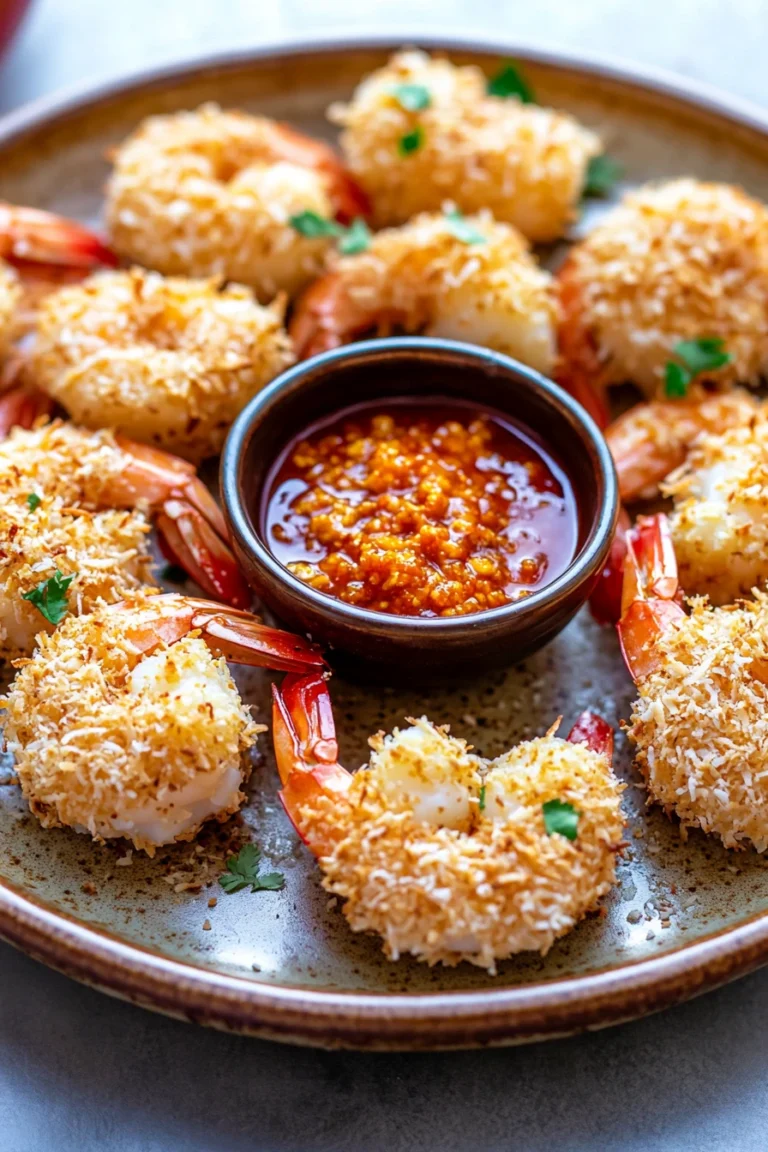 Close-up of crispy air fryer coconut shrimp with dipping sauce on a clean white plate.