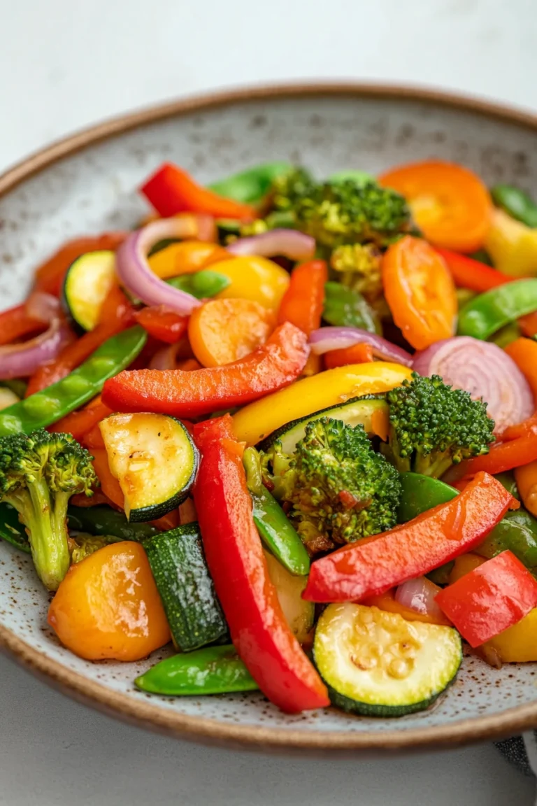 Close-up of a colorful air fryer vegetable stir fry with bell peppers and broccoli.