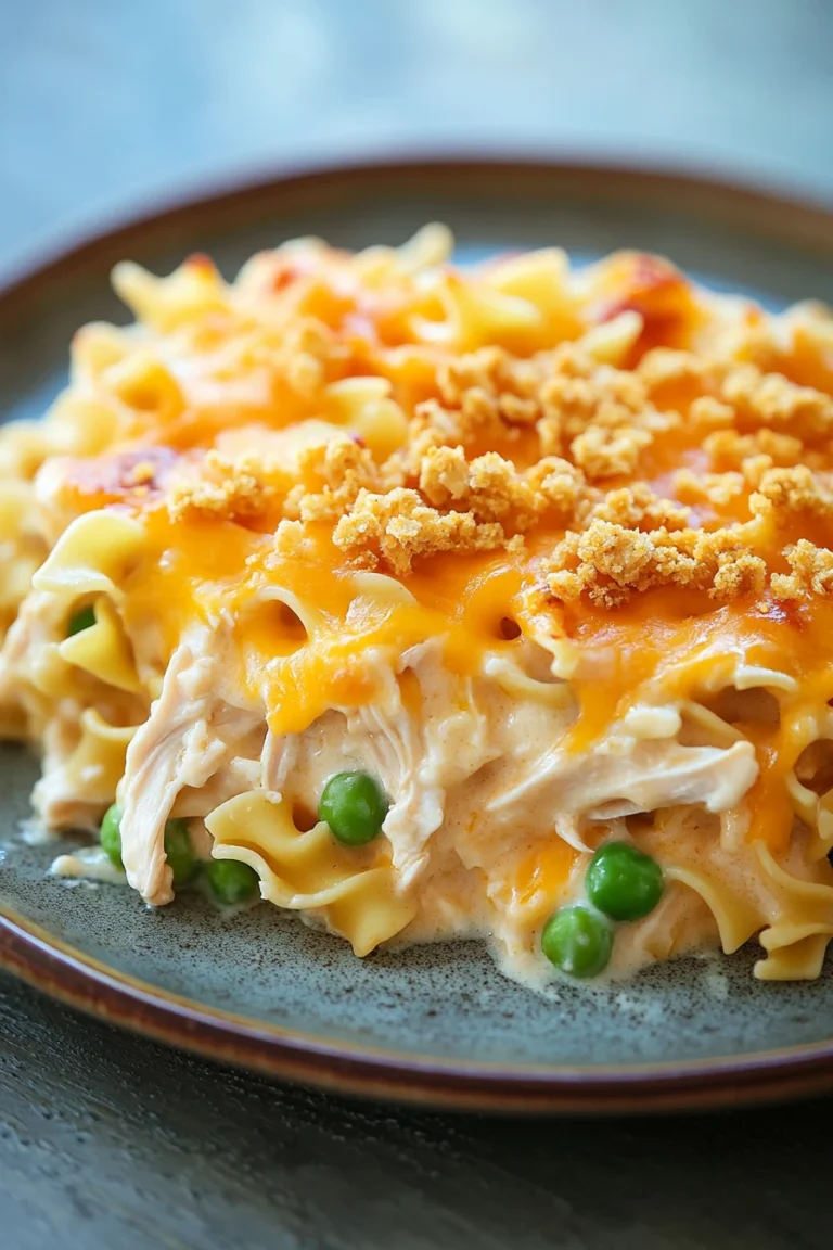 Close-up of a cheesy chicken noodle casserole with golden crust and creamy texture.