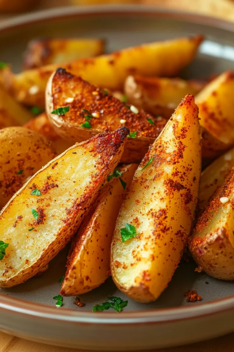 Close-up of golden air fryer potato wedges with crispy texture on a clean white plate.