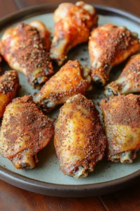 Close-up of crispy air fryer wing rub with golden brown texture on a clean white plate.