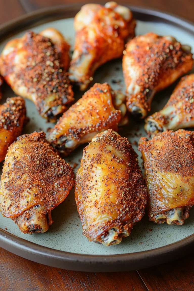 Close-up of crispy air fryer wing rub with golden brown texture on a clean white plate.