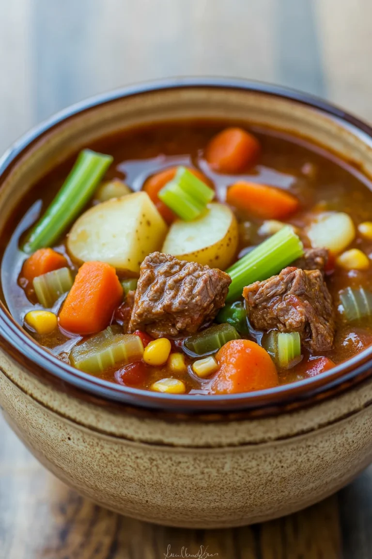 Close-up of crock pot beef vegetable soup with vibrant vegetables and tender beef.