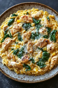 Close-up of one pot creamy chicken orzo with herbs in a bright setting