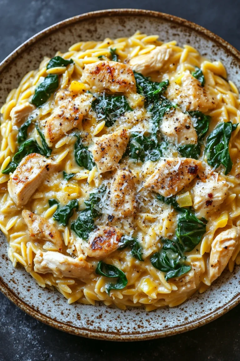 Close-up of one pot creamy chicken orzo with herbs in a bright setting