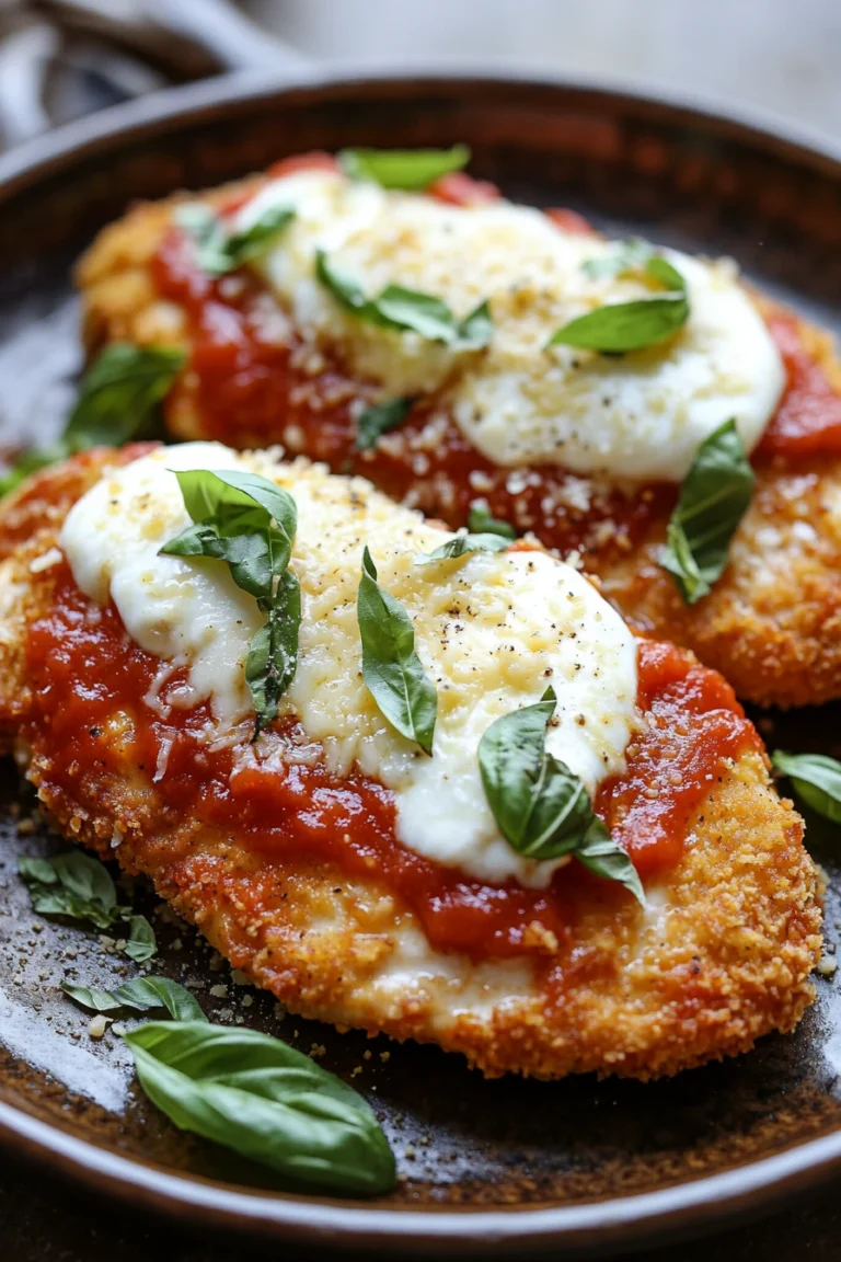 Close-up of skillet chicken parmesan with melted cheese and tomato sauce in a skillet.