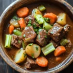 Beef stew with skillet beef stew meat - the image is a close-up of a bowl of beef stew. the stew is made with chunks of beef, carrots, celery, and potatoes. the beef is cooked in a rich, dark brown broth and is garnished with chopped parsley. the vegetables are cut into small cubes and are arranged in a circular pattern around the beef. the bowl is made of ceramic and is sitting on a wooden table. the background is blurred, making the bowl the focal point of the image.