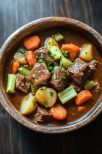 Beef stew with skillet beef stew meat - the image is a close-up of a bowl of beef stew. the stew is made with chunks of beef, carrots, celery, and potatoes. the beef is cooked in a rich, dark brown broth and is garnished with chopped parsley. the vegetables are cut into small cubes and are arranged in a circular pattern around the beef. the bowl is made of ceramic and is sitting on a wooden table. the background is blurred, making the bowl the focal point of the image.