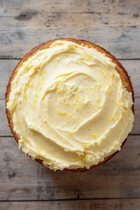 Lemon cake lemon frosting - the image is a close-up of a round cake with a golden brown crust. the cake is topped with a generous layer of white frosting that has small yellow sprinkles scattered across it. the frosting appears to be smooth and creamy, and the sprinkles add a pop of color to the cake. the background is a wooden surface, which contrasts with the warm tones of the cake and the wooden surface.